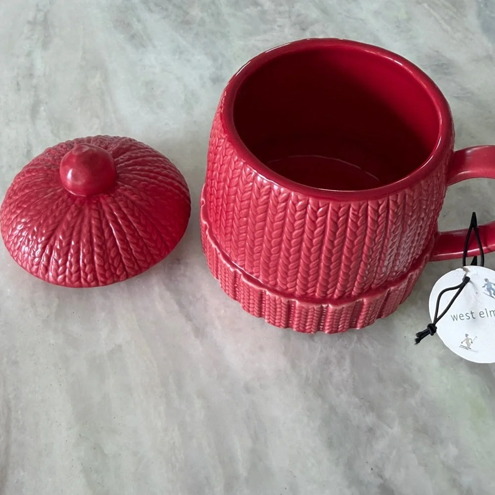 West Elm Red Knit-Patterned snow cap hot chocolate mug
